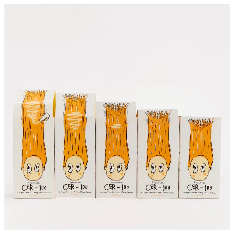 Cinco caixas de produtos de beleza da marca Elizavecca, com embalagens retangulares em tons de laranja e branco, exibindo o nome "CER-100" e ilustrações de rostos estilizados.