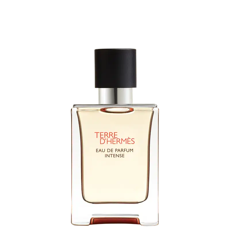 Frasco de perfume Terre d'Hermès Eau de Parfum Intense, com embalagem de vidro transparente e tampa preta. Rótulo em vermelho com o nome da fragrância em destaque.