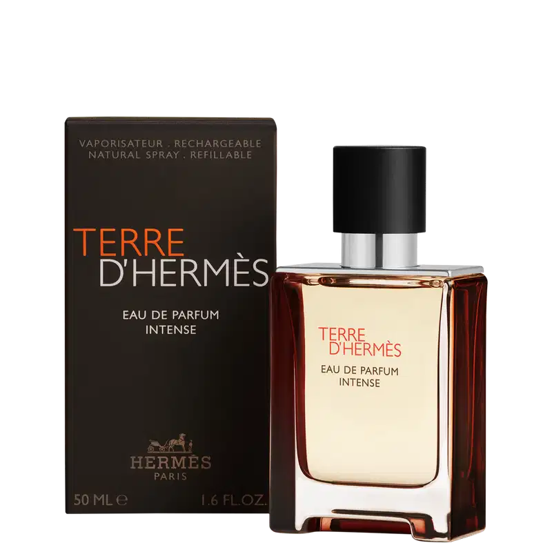 Frasco de perfume Terre d'Hermès Eau de Parfum Intense em embalagem preta e laranja, com texto em francês e inglês. Recipiente retangular com tampa preta e detalhes metálicos.