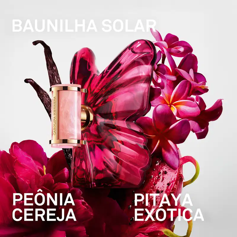 Frasco de perfume Carolina Herrera em formato de borboleta, com embalagem de vidro rosa intenso e detalhes dourados no rótulo.