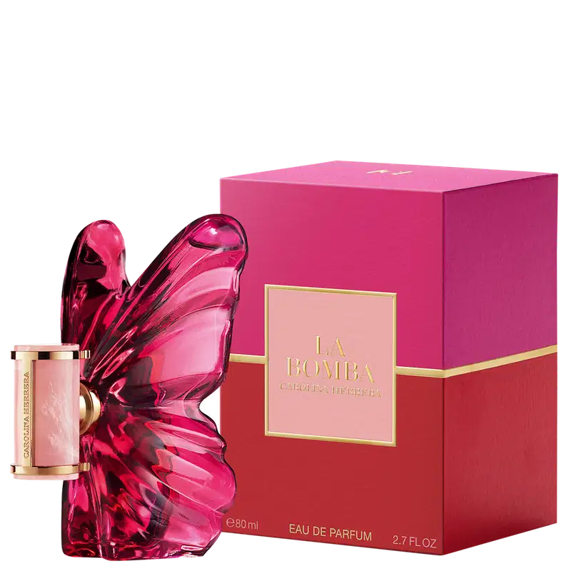 Frasco de perfume Carolina Herrera em formato de borboleta, com embalagem de vidro rosa intenso e detalhes dourados no rótulo.