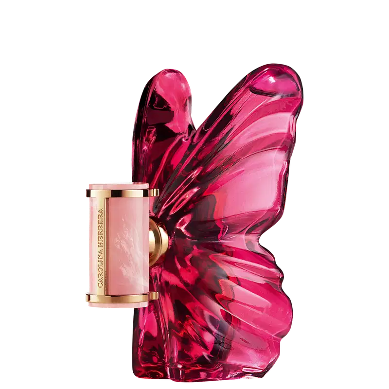 Frasco de perfume Carolina Herrera em formato de borboleta, com embalagem de vidro rosa intenso e detalhes dourados no rótulo.