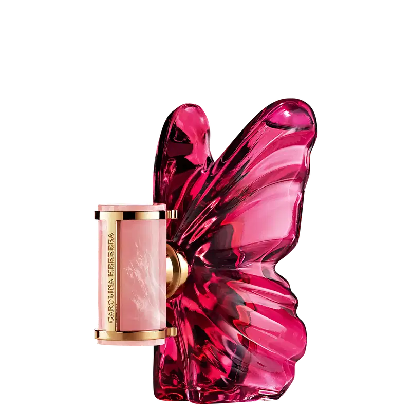 Frasco de perfume Carolina Herrera em formato de borboleta, com tampa dourada e corpo em tom de rosa intenso, destacando a elegância e sofisticação da marca.