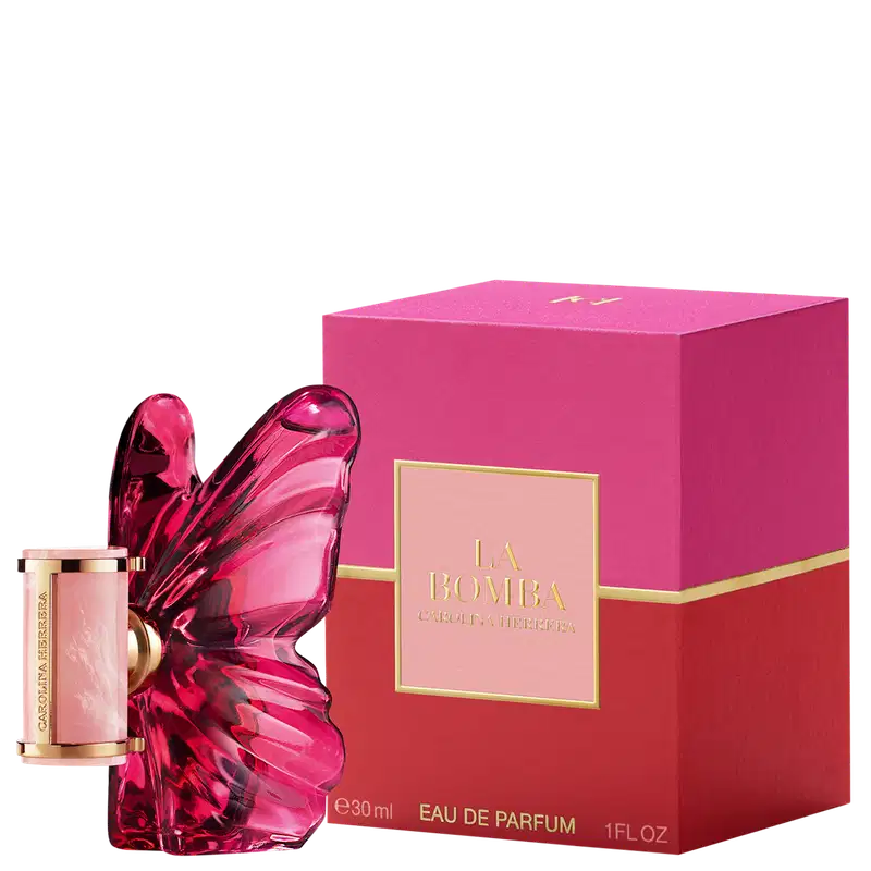 Frasco de perfume Carolina Herrera em formato de borboleta, com tampa dourada e corpo em tom de rosa intenso, destacando a elegância e sofisticação da marca.