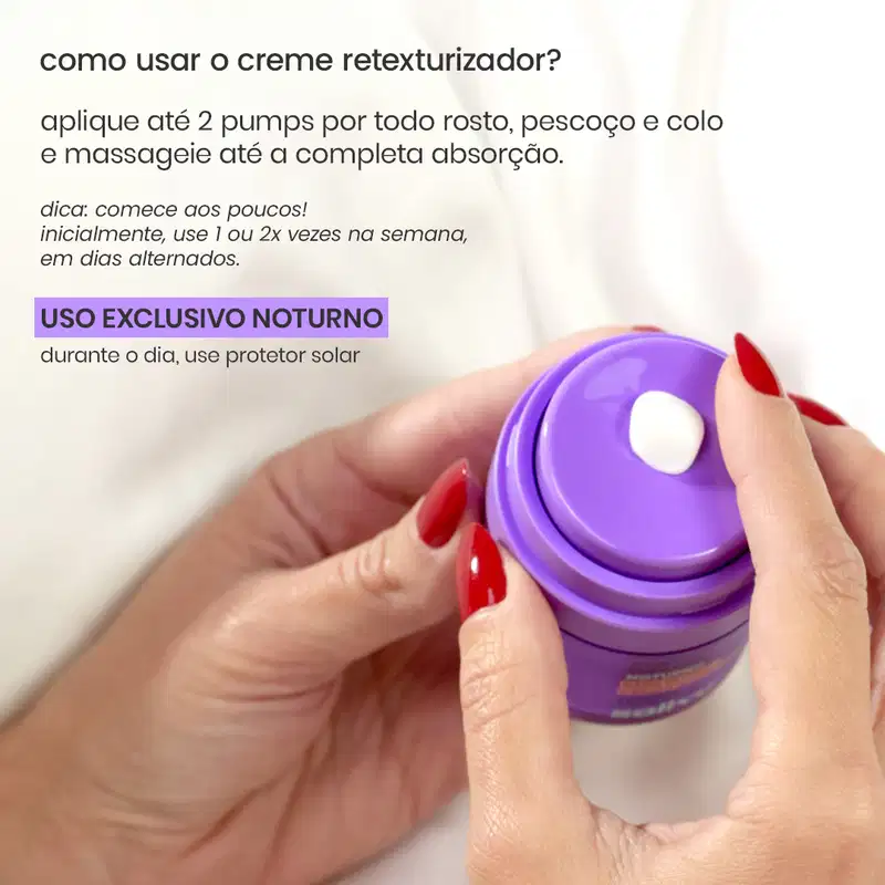O produto de beleza Sallve é um creme retexturizador apresentado em uma embalagem roxa, com instruções de uso e aplicação em um ambiente de cuidados pessoais. A imagem mostra uma mão aplicando o produto, com destaque para a textura e consistência do creme