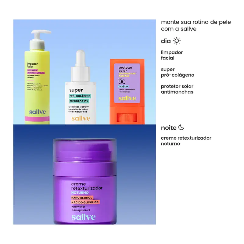 Ambiente de produtos de beleza da marca Sallve, com itens para cuidados diários e noturnos da pele, como limpador facial, protetor solar e creme retexturizador, em cores vibrantes como amarelo, laranja e roxo.
