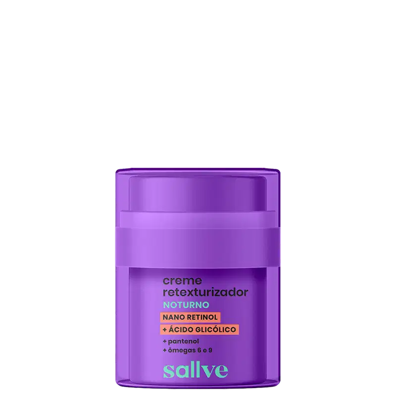 Creme retexturizador noturno Sallve com nano retinol, ácido glicólico, pantenol e ômegas 6 e 9, em embalagem roxa com rótulo destacado.