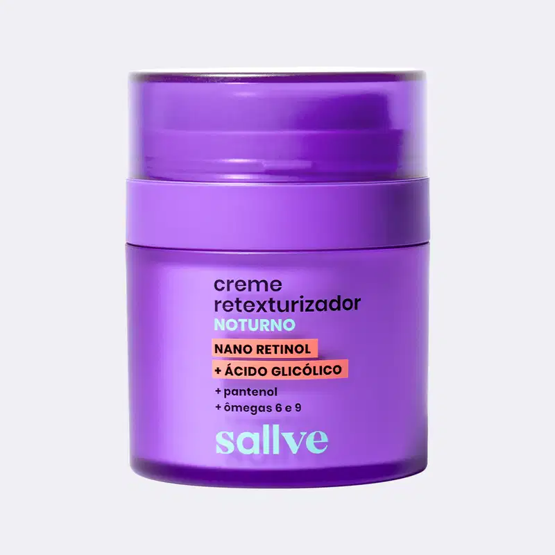 Creme retexturizador noturno Sallve com nano retinol, ácido glicólico, pantenol e ômegas 6 e 9, em embalagem roxa com rótulo destacado.