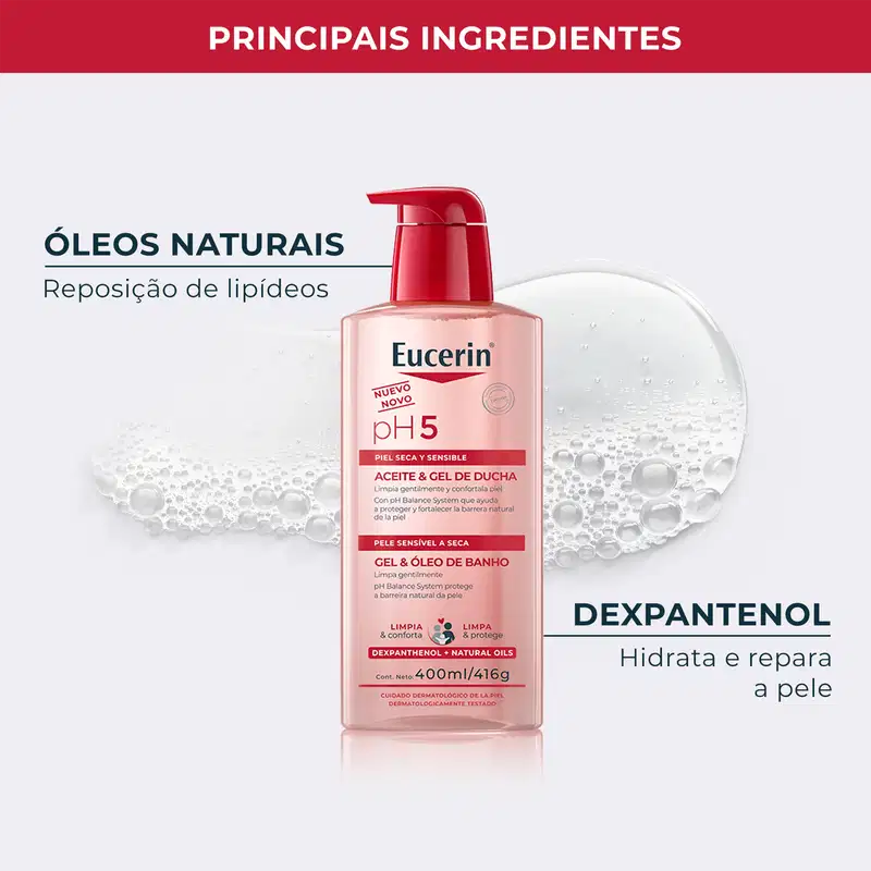 Gel e Óleo de Banho Eucerin Pele Seca e Sensível pH5, 400ml.