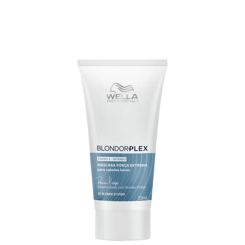 Tubo branco de 30 ml da linha Blondorplex da Wella Professionals, com rótulo azul e prata indicando "Máscara força extrema para cabelos loiros".