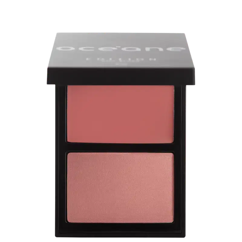 Paleta Océane contendo dois compartimentos de blush em tons de rosa, apresentando uma paleta compacta e elegante de maquiagem.