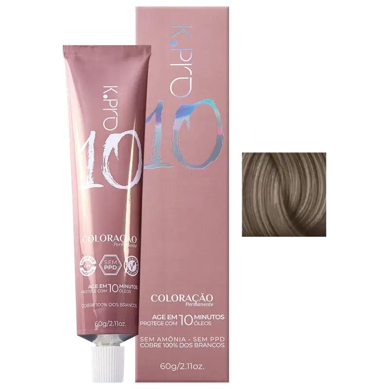 Caixa e tubo de tintura de cabelo da marca K.pro, com texto "Coloração" e "Age em 10 minutos". Embalagem em tons de rosa e prateado/branco, com informações sobre a composição do produto.