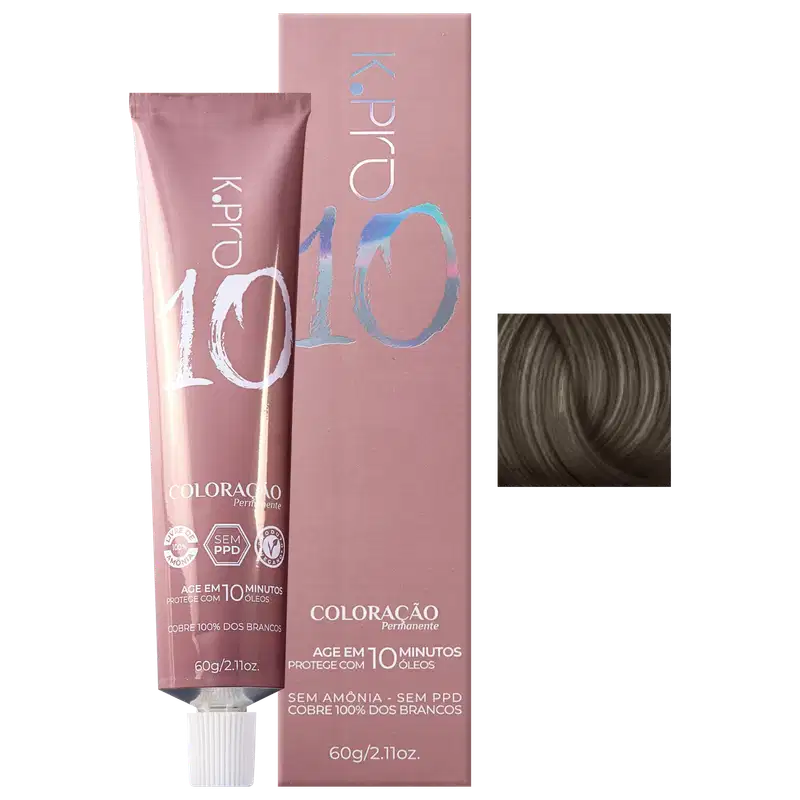 Caixa e tubo de tintura de cabelo da marca K.pro, com texto "Coloração" e "Age em 10 minutos". Embalagem em tons de rosa e prateado/branco, com informações sobre a composição do produto.