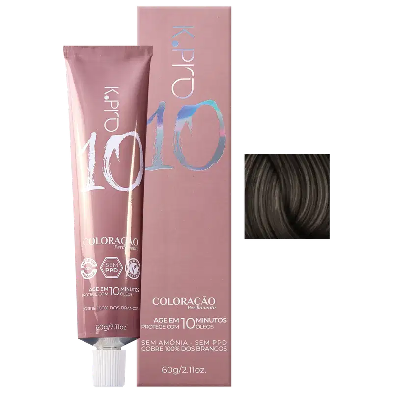 Caixa e tubo de tintura de cabelo da marca K.pro, com texto "Coloração" e "Age em 10 minutos". Embalagem em tons de rosa e prateado/branco, com informações sobre a composição do produto.