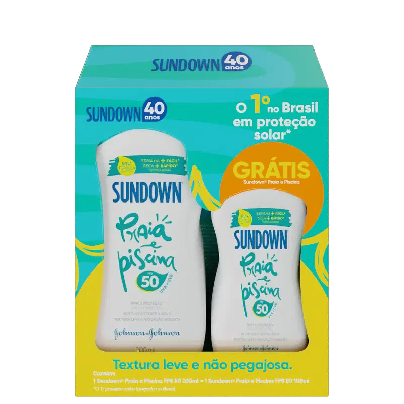 Kit com protetores solares Praia e Piscina FPS 50, da marca Sundown.
