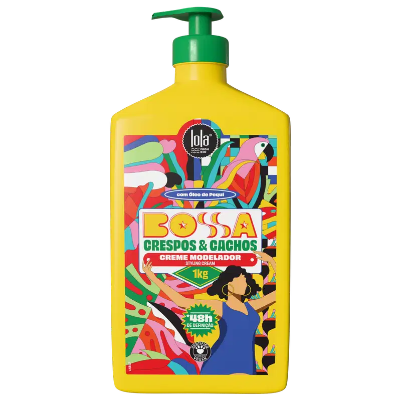 Creme modelador Bossa Crespos & Cachos da marca Lola From Rio, em embalagem plástica amarela com detalhes coloridos e ilustrações de uma mulher com cabelos cacheados.
