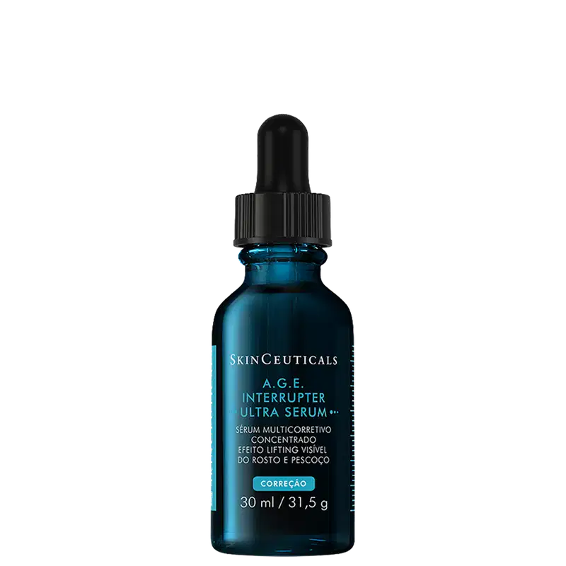 Frasco conta-gotas de 30 ml com sérum multicorretivo concentrado da linha A.G.E. Interrupter Ultra da SkinCeuticals, com efeito lifting visível, em embalagem preta e azul.