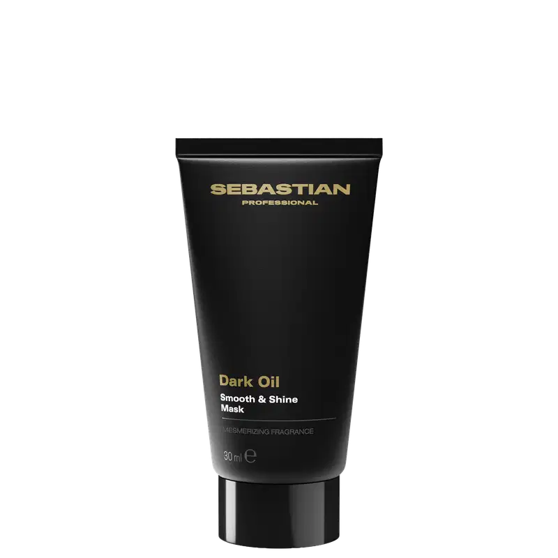 Tubo preto com rótulo dourado da marca Sebastian Professional contendo uma máscara de óleo escuro para cabelos, com a descrição "Dark Oil Smooth & Shine Mask" e fragrância mesmerizante.