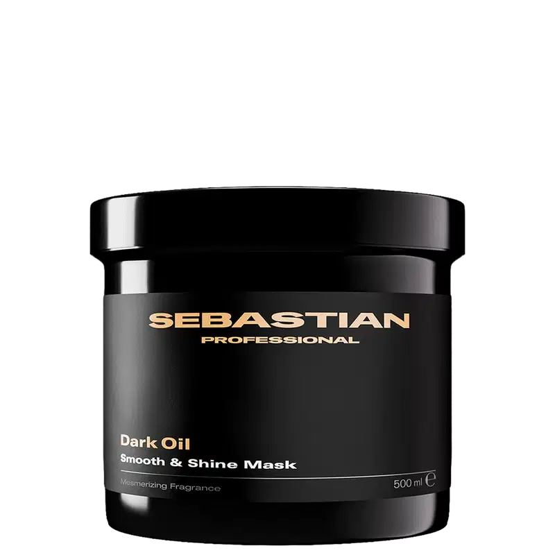 Frasco preto de máscara para cabelos da marca Sebastian Professional, com rótulo dourado indicando "Dark Oil Smooth & Shine Mask" e a capacidade de 500 ml.