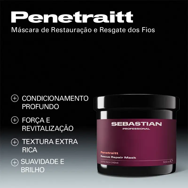 Embalagem de máscara de restauração e resgate dos fios da marca Sebastian Professional, com informações sobre os benefícios do produto, como condicionamento profundo, força e revitalização, textura extra rica e suavidade e brilho. 