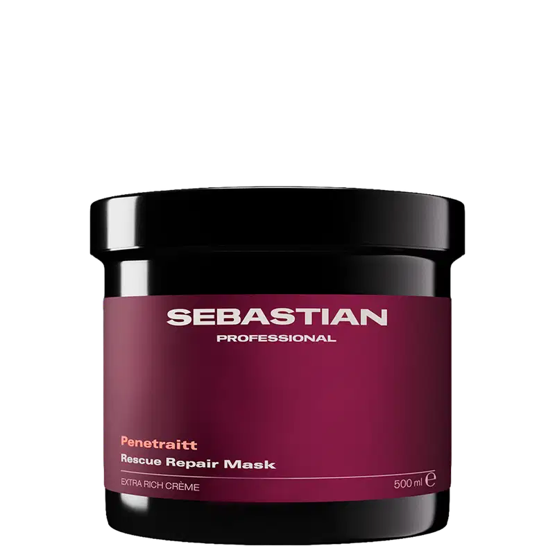 Frasco de máscara de reparação de resgate da marca Sebastian Professional, com embalagem preta e vermelha escura, contendo 500 ml de produto.