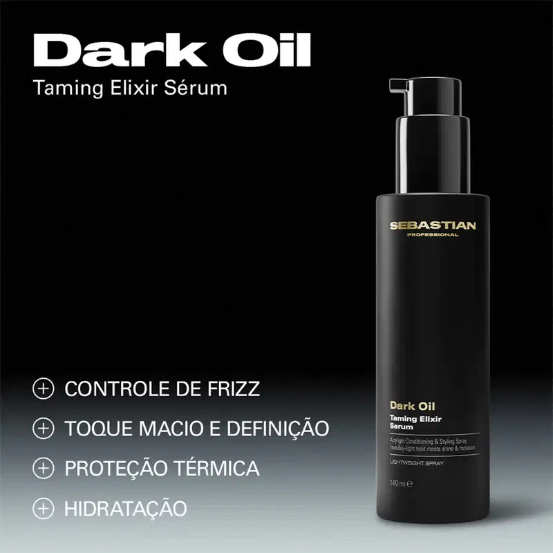 Dark Oil Taming Elixir Serum: Controle de frizz, toque macio e definição, proteção térmica, hidratação.
