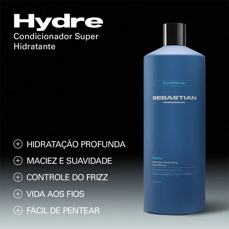 Condicionador Super Hidratante Hydre da marca Sebastian Professional. Destaca-se por proporcionar hidratação profunda, maciez e suavidade, controle do frizz, vida aos fios e facilidade de pentear.