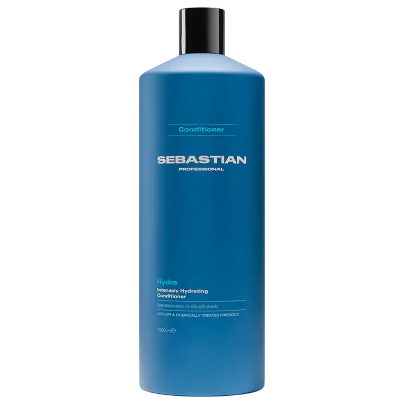 Frasco de condicionador da marca Sebastian Professional, na cor azul, com rótulo destacando o nome da marca e a descrição "Hydro Intensely Hydrating Conditioner". O produto é apresentado em embalagem plástica com tampa preta.