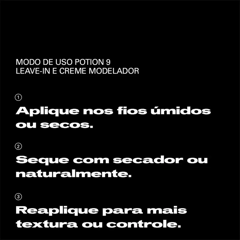 Aplique nos fios úmidos ou secos. Seque com secador ou naturalmente. Reaplique para mais textura ou controle.