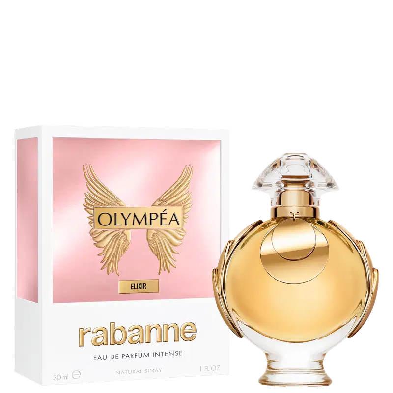 Perfume e caixa Olympéa Elixir Rabanne Eau de Parfum Intense, recipiente dourado em forma de cúpula com detalhes em relevo. Possui tampa arredondada e corpo esculpido com linhas curvas. Rótulo com nome da marca "Rabanne" em destaque. 