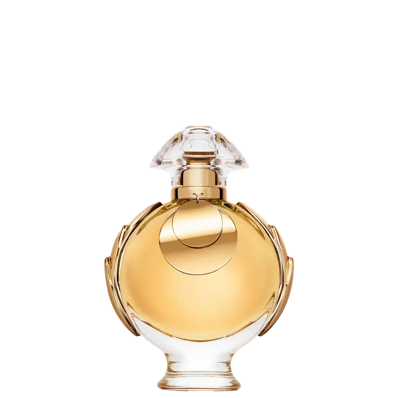 Perfume Olympéa Elixir Rabanne Eau de Parfum Intense, recipiente dourado em forma de cúpula com detalhes em relevo. Possui tampa arredondada e corpo esculpido com linhas curvas. Rótulo com nome da marca "Rabanne" em destaque. 