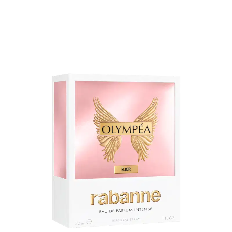 Caixa branca retangular com fundo rosa claro. Contém logotipo dourado da marca "Olympéa" e texto "Elixir" em dourado. Embalagem possui asas douradas na parte superior. 