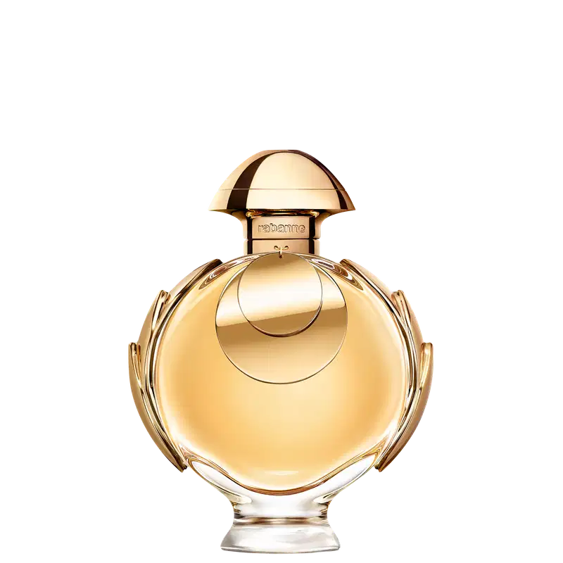 Perfume Olympéa Elixir Rabanne Eau de Parfum Intense, recipiente dourado em forma de cúpula com detalhes em relevo. Possui tampa arredondada e corpo esculpido com linhas curvas. Rótulo com nome da marca "Rabanne" em destaque. 