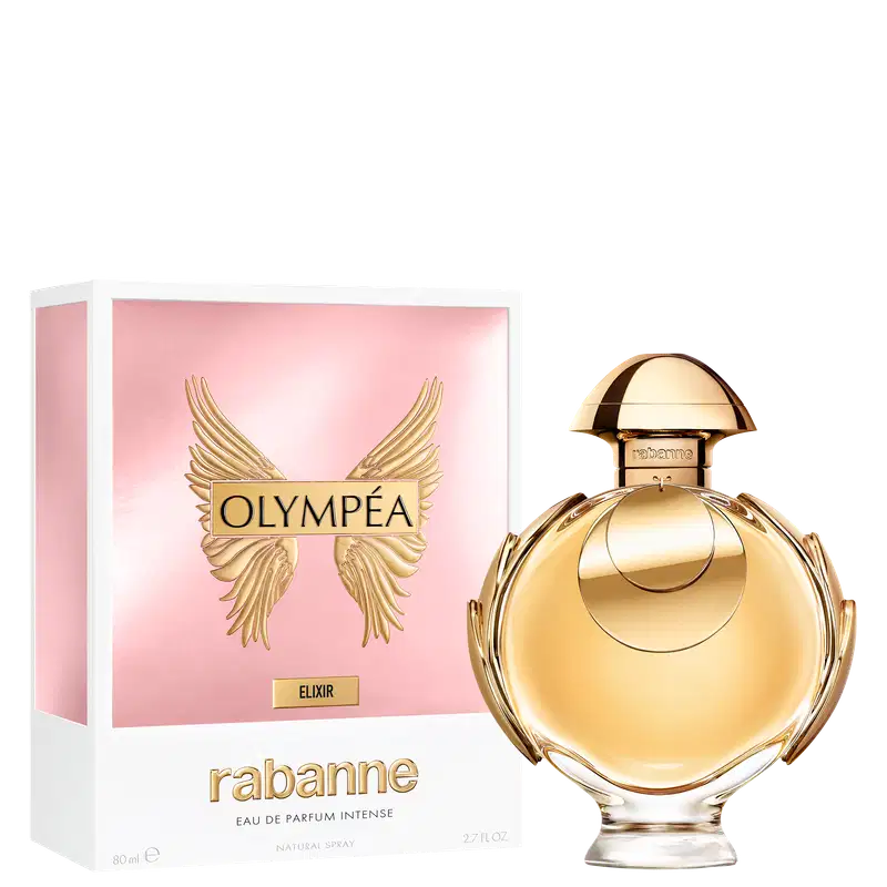 Perfume e caixa Olympéa Elixir Rabanne Eau de Parfum Intense, recipiente dourado em forma de cúpula com detalhes em relevo. Possui tampa arredondada e corpo esculpido com linhas curvas. Rótulo com nome da marca "Rabanne" em destaque. 