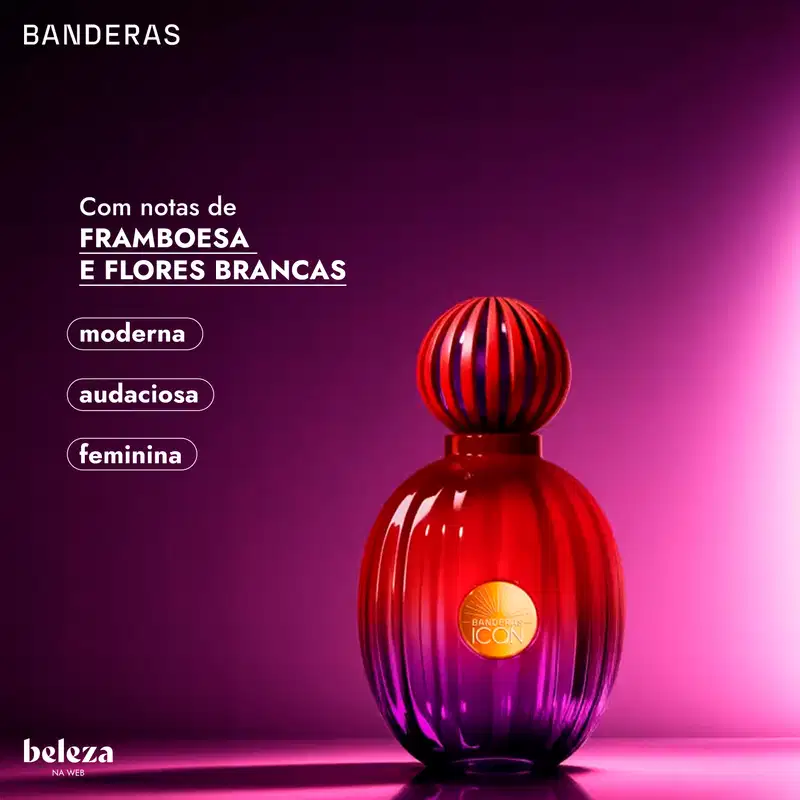 Com notas de framboesa e flores brancas, moderna, audaciosa, feminina.