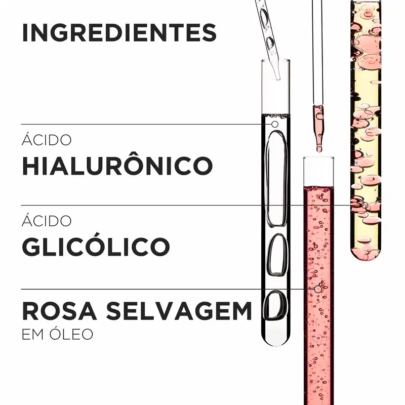 Produto de beleza Kérastase com frascos de vidro contendo soluções em tons de rosa. Rótulos indicam ingredientes como ácido hialurônico, ácido glicólico e rosa selvagem em óleo.