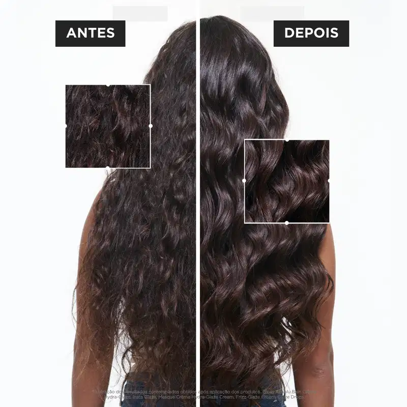 Imagem promocional de produto de tratamento capilar da marca Kérastase, apresentando o antes e depois do uso do produto em cabelos cacheados e ondulados, com fundo branco e texto em português.