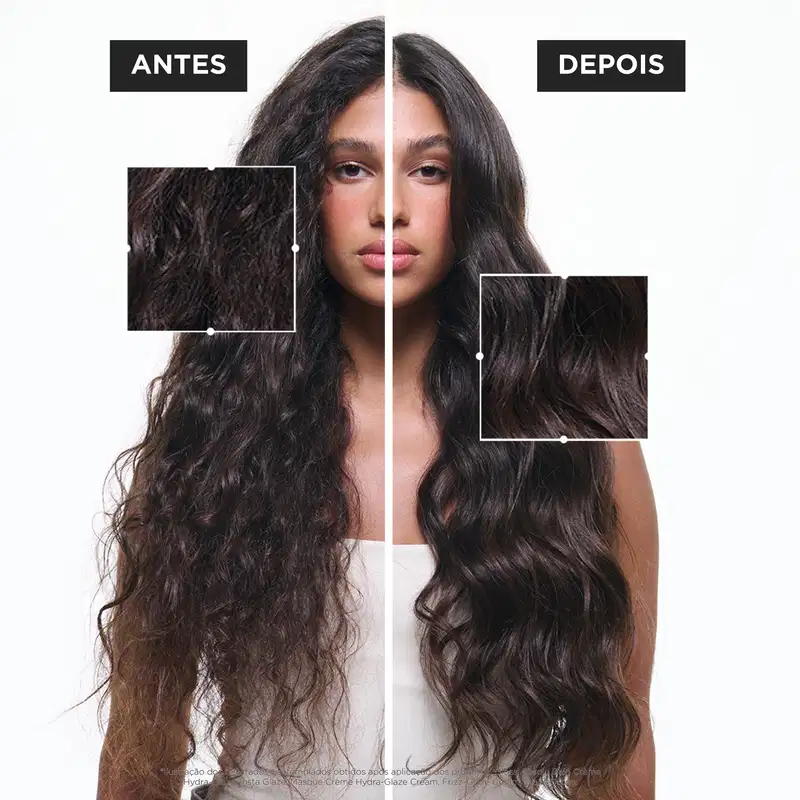 Imagem promocional de produto de tratamento capilar da marca Kérastase, apresentando o antes e depois do uso do produto em cabelos cacheados e ondulados, com fundo branco e texto em português.