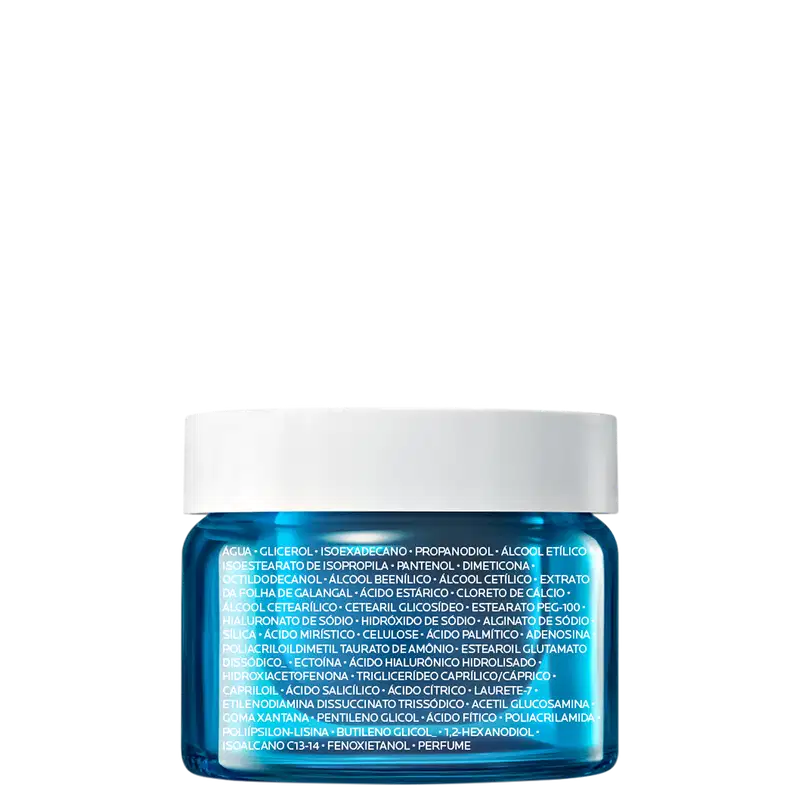Frasco de creme facial da marca La Roche-Posay, com tampa branca e corpo azul, contendo uma lista detalhada de ingredientes em seu rótulo.
