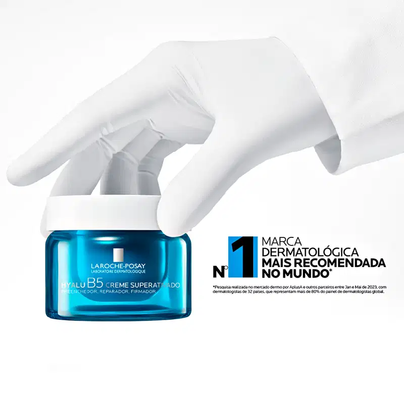 Imagem de um produto de cuidados com a pele da marca La Roche-Posay, com embalagem azul e branca, destacando sua classificação como a marca dermatológica mais recomendada no mundo.