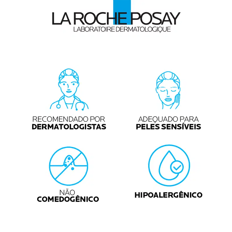 Recomendado por dermatologistas, adequado para peles sensíveis, não comedogênico e hipoalergênico, de acordo com a imagem da marca La Roche-Posay.