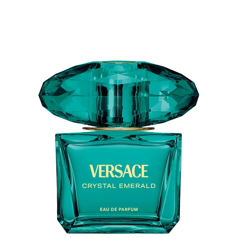 Frasco de item de perfumaria de cor verde esmeralda brilhante com tampa em formato oval. Rótulo em letras douradas exibe a marca "VERSACE CRYSTAL EMERALD" e a descrição "EAU DE PARFUM".