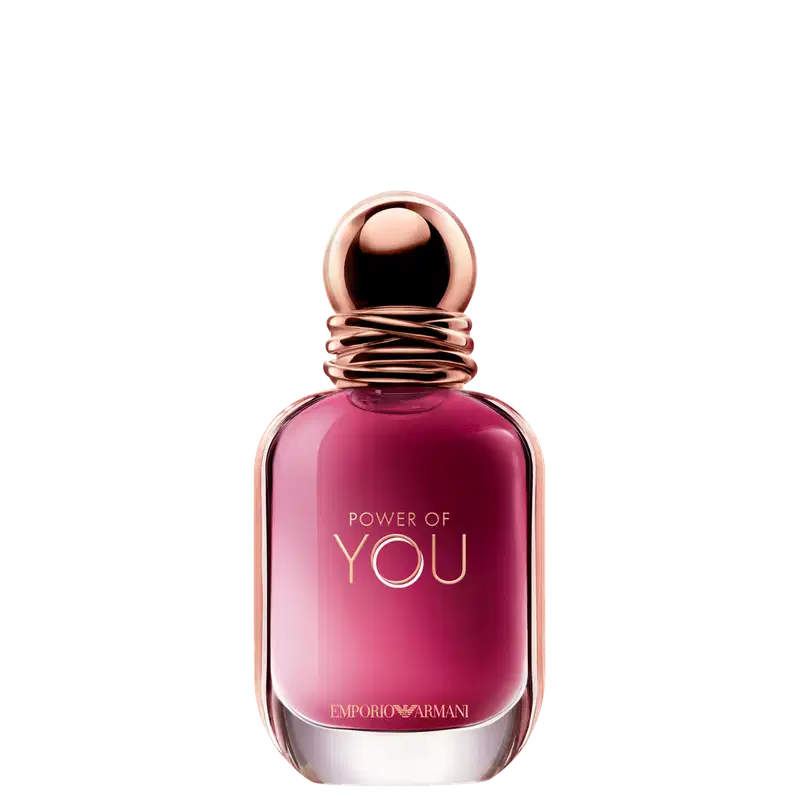 Perfume Power of You Armani Eau de Parfum exibe o texto "POWER OF YOU" em letras douradas sobre conteúdo rosa vibrante. O design é elegante e minimalista, com uma aparência sofisticada.