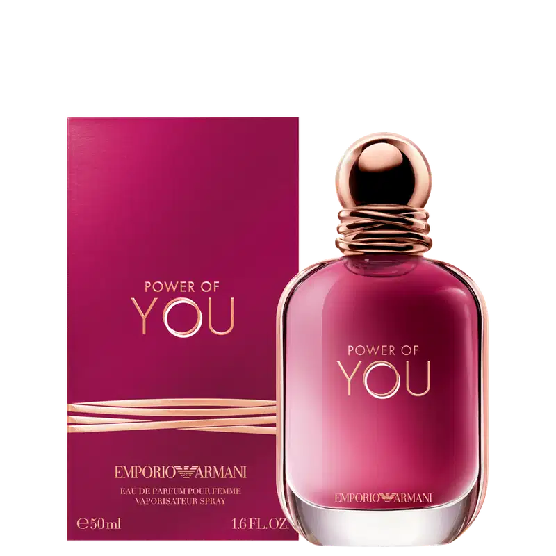 Caixa e perfume Power of You Armani Eau de Parfum exibe o texto "POWER OF YOU" em letras douradas sobre fundo rosa vibrante. O design é elegante e minimalista, com uma aparência sofisticada.