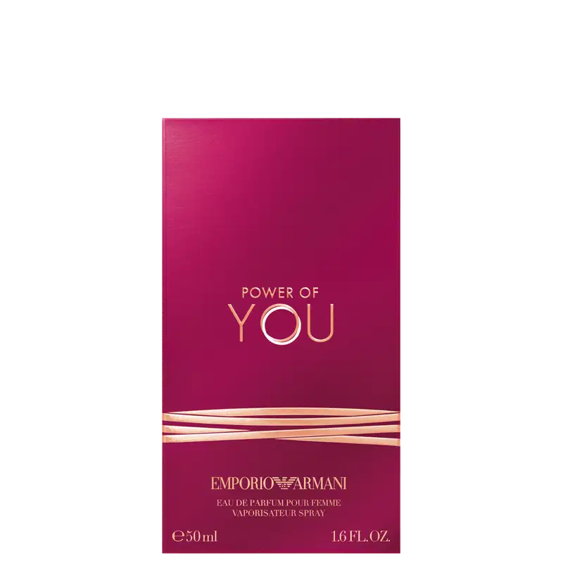 Caixa Power of You Armani Eau de Parfum exibe o texto "POWER OF YOU" em letras douradas sobre fundo rosa vibrante. O design é elegante e minimalista, com uma aparência sofisticada.