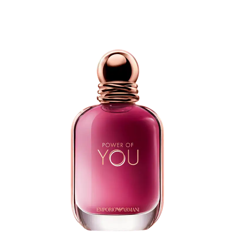 Perfume Power of You Armani Eau de Parfum exibe o texto "POWER OF YOU" em letras douradas sobre conteúdo rosa vibrante. O design é elegante e minimalista, com uma aparência sofisticada.