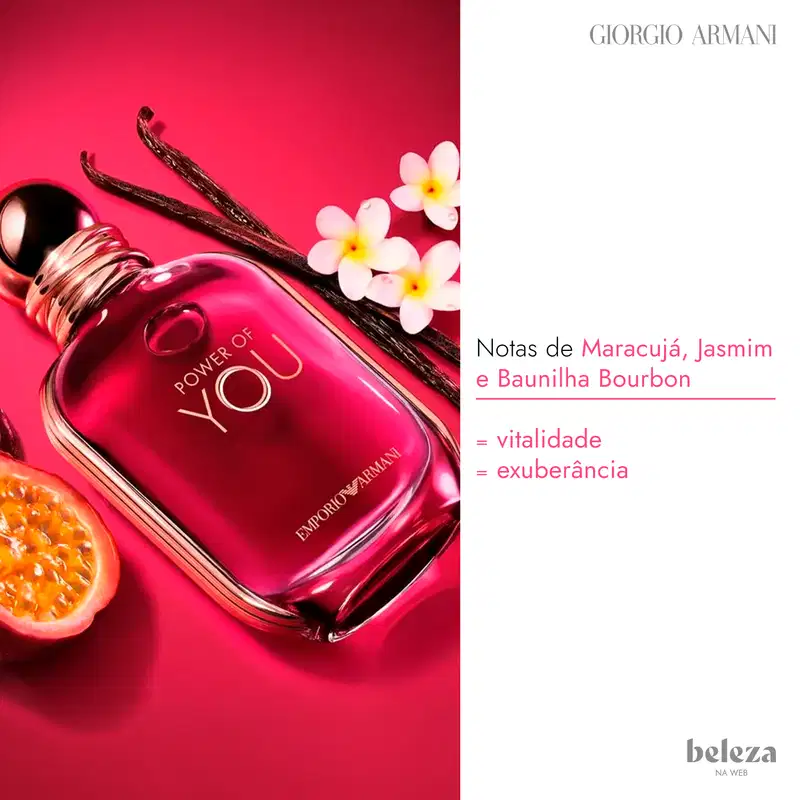 Frasco de item de perfumaria da marca Giorgio Armani com notas de maracujá, jasmim e baunilha bourbon, exibindo vitalidade e exuberância.