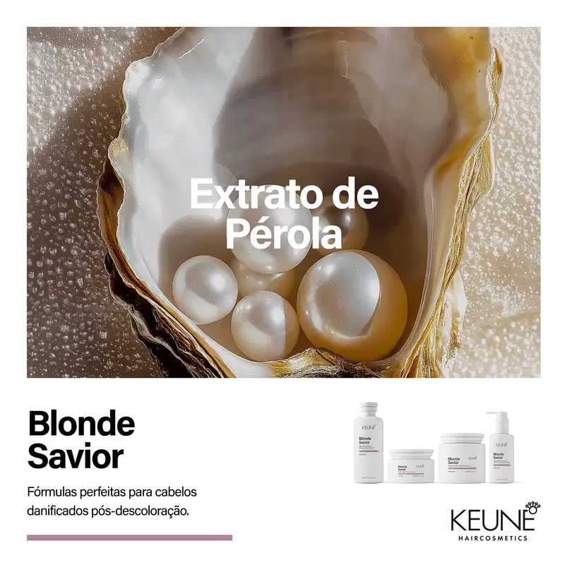Produtos da linha Blonde Savior da Keune: shampoo, máscara e tratamento leave-in para cabelos loiros. Embalagens brancas com detalhes em roxo, destacando os benefícios de brilho, reparação e fortalecimento.