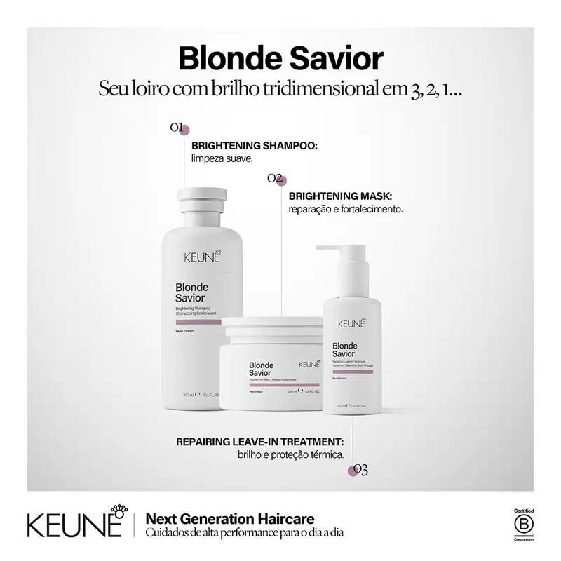 Produtos da linha Blonde Savior da Keune: shampoo, máscara e tratamento leave-in para cabelos loiros. Embalagens brancas com detalhes em roxo, destacando os benefícios de brilho, reparação e fortalecimento.