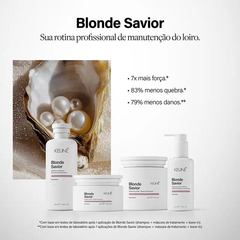 Produtos da linha Blonde Savior da Keune: shampoo, máscara e tratamento leave-in para cabelos loiros. Embalagens brancas com detalhes em roxo, destacando os benefícios de brilho, reparação e fortalecimento.